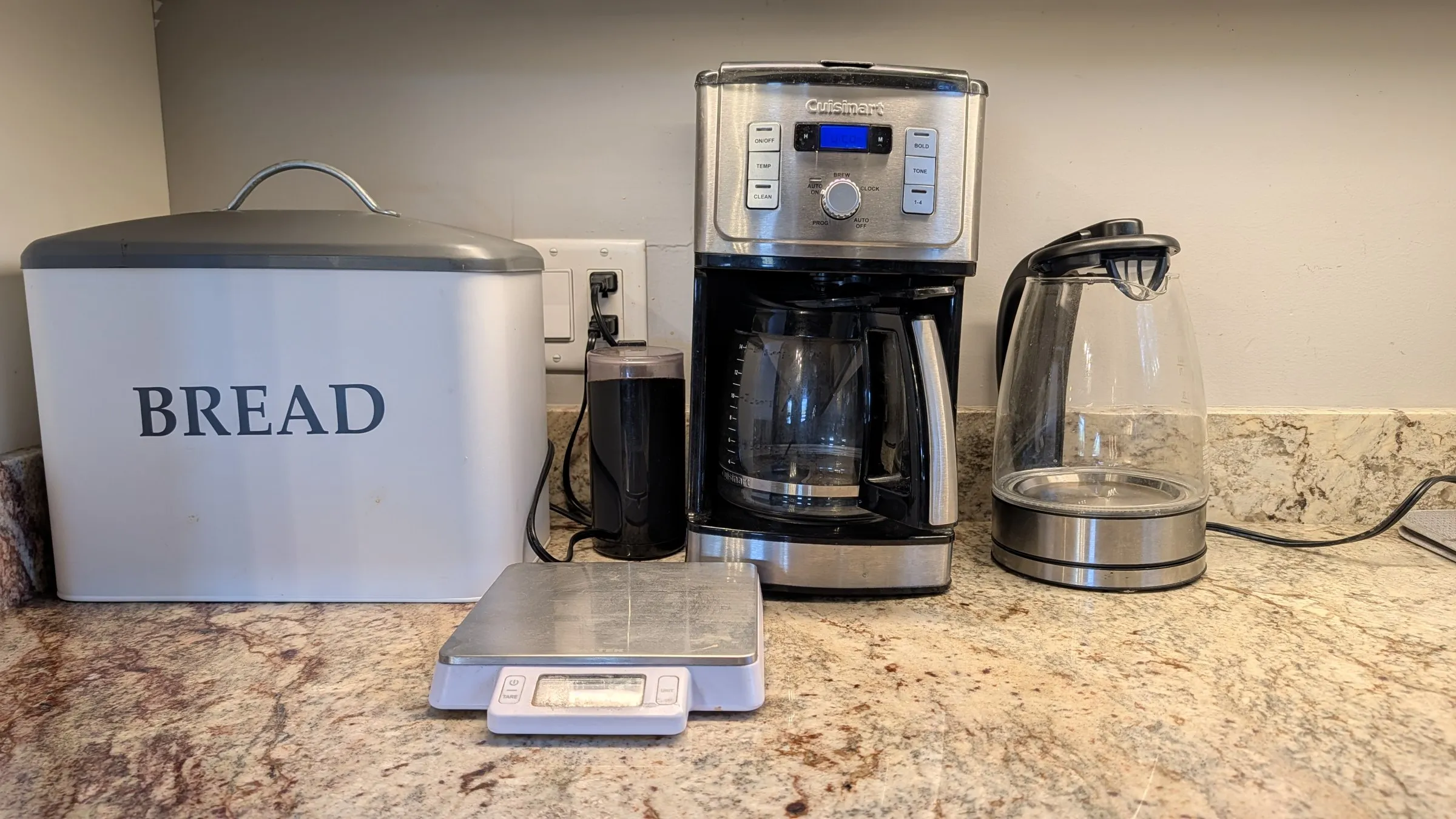Coffee station with drip coffee maker, kettle and grinder