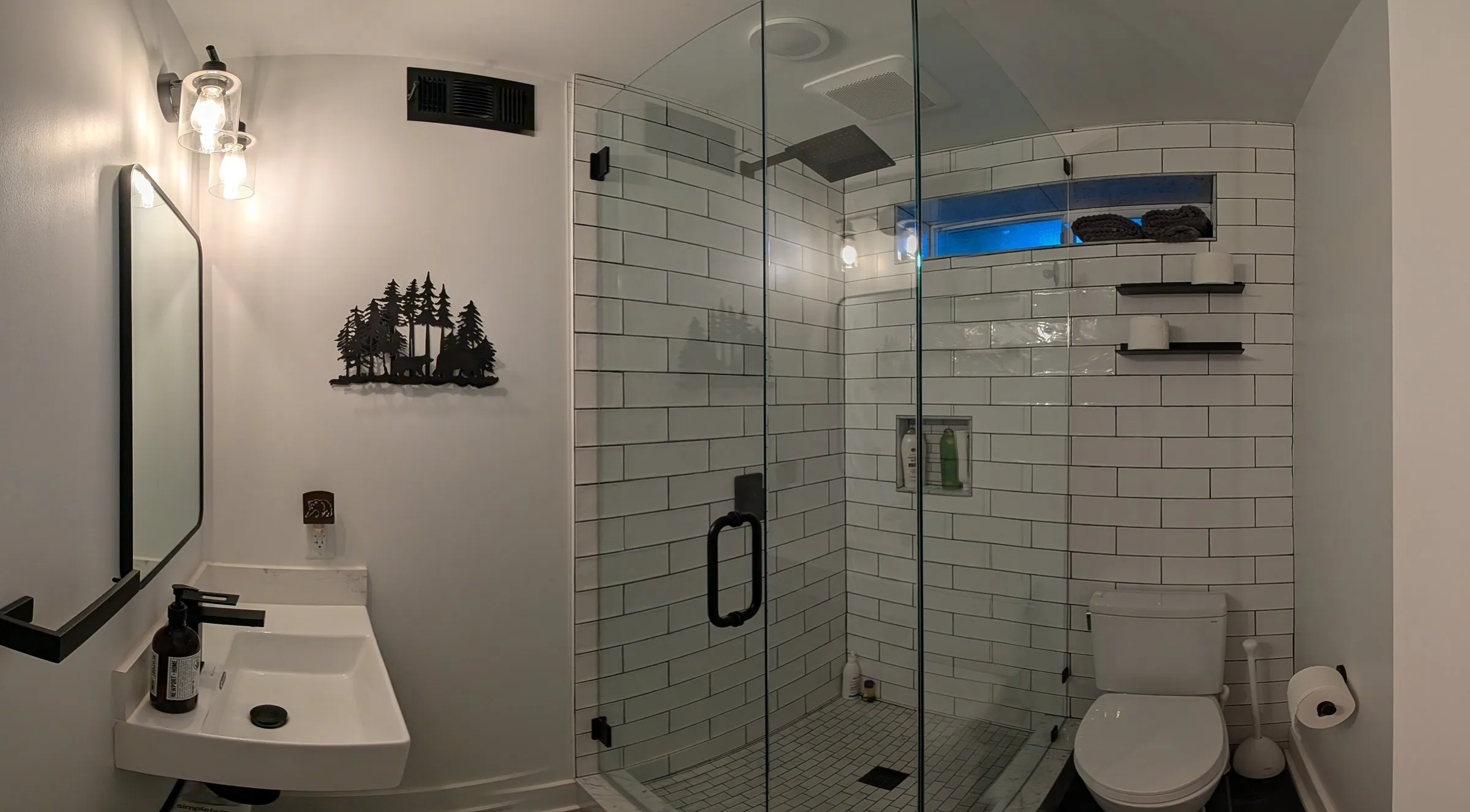 Lower-level bathroom with subway-tile glass shower
