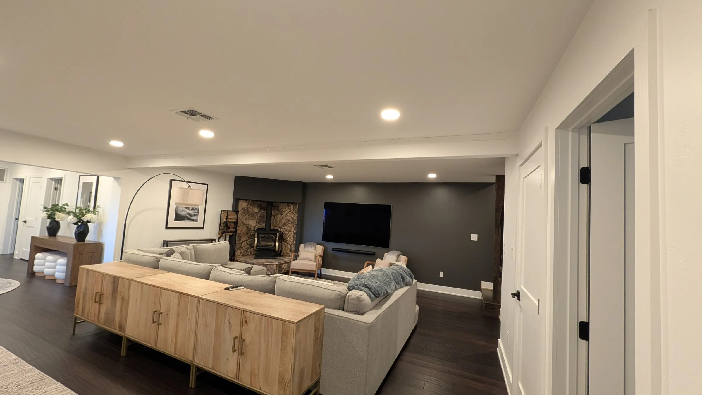 The whole lower-level lounge from the hallway