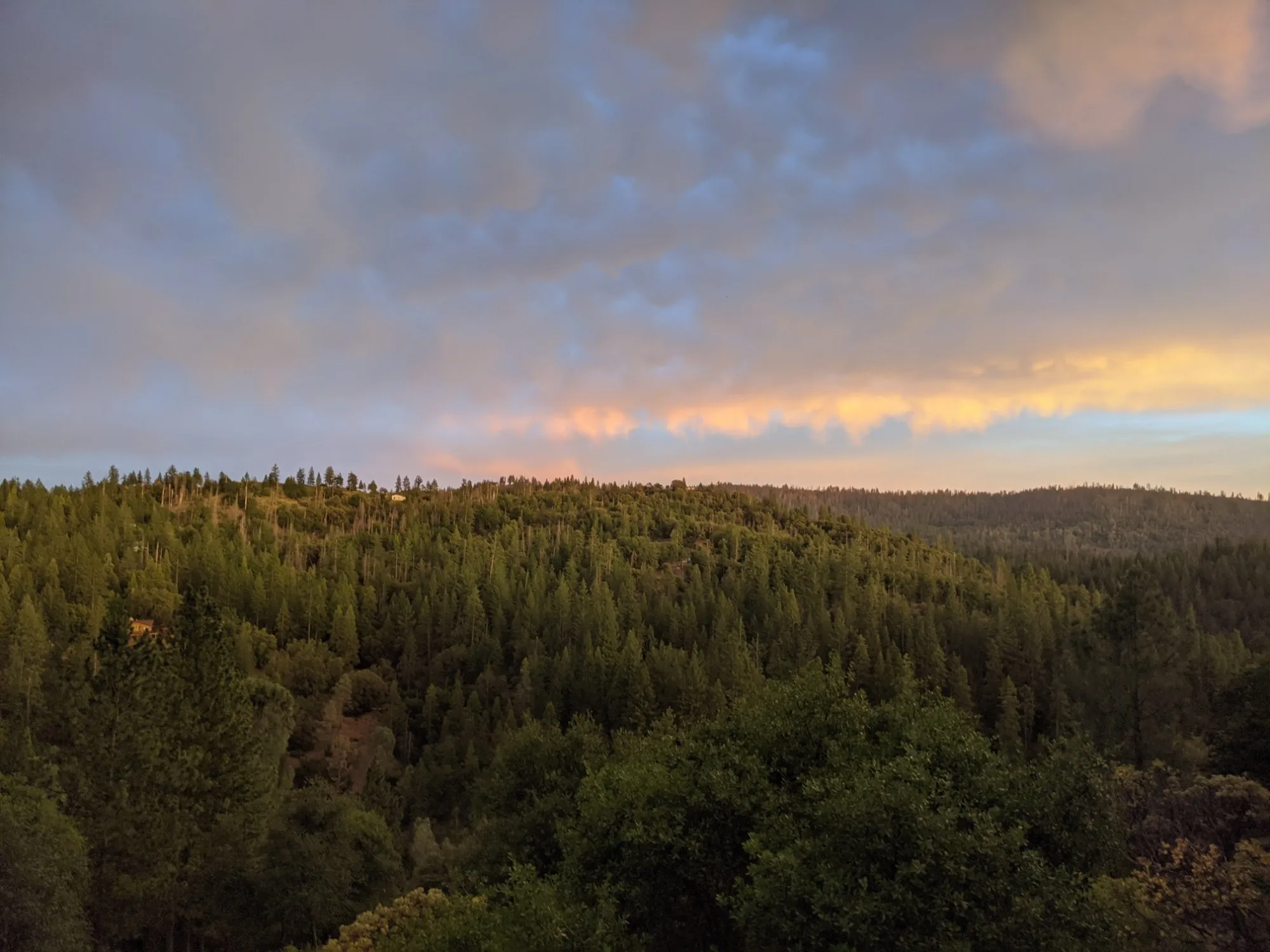 Storm clouds breaking into gold over the forested ridge